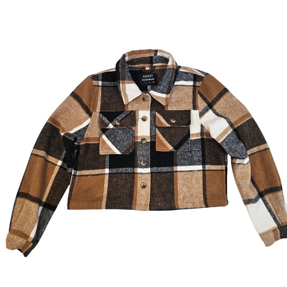 Ashley by 26 International Brown Plaid Cropped Shacket Jacket Womens Small